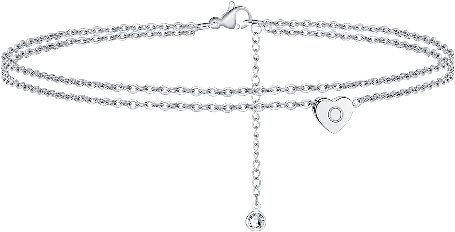 Turandoss Silver Heart Initial Ankle Bracelets for Women, 14K White Gold Filled Handmade Dainty Layered Silver Anklet Letter Initial Heart Ankle Bracelets for Women Silver Summer Foot Beach Jewelry Apparel & Accessories > Jewelry > Anklets Turandoss O  