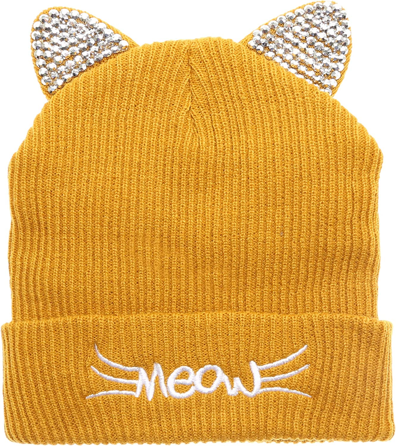 MIRMARU Women’S Soft Warm Embroidered Meow Cat Ears Knit Beanie Hat with Stone Embellished Apparel & Accessories > Clothing Accessories > Hats MIRMARU Mustard One Size 