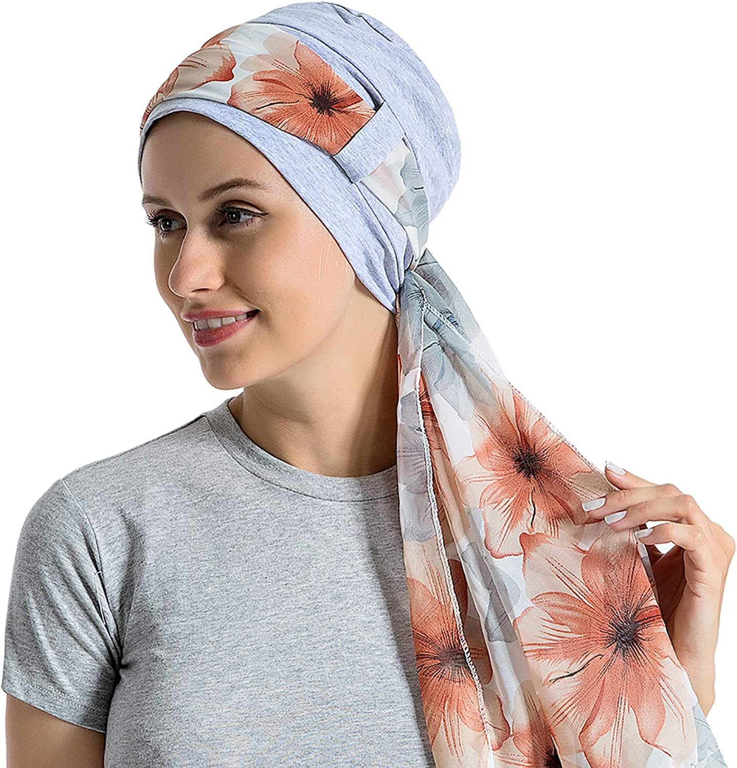 Bamboo Cotton Liner Chemo Headwear for Womenwith Silky Scarfs for Cancer Hair Loss Sleep Caps Beanie Gray Apparel & Accessories > Clothing Accessories > Headwear JarseHera   