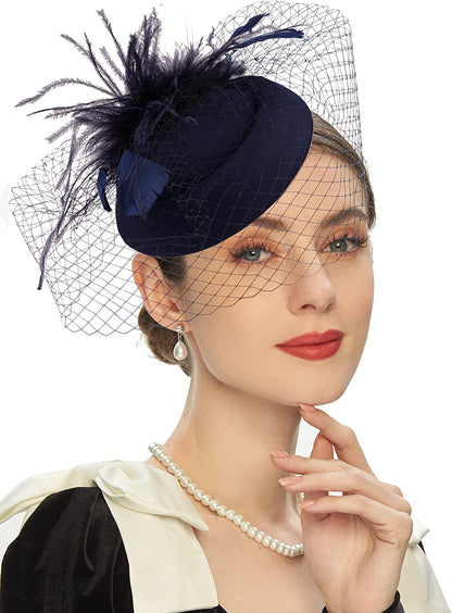 Fascinators Hats 20S 50S Hat Pillbox Hat Cocktail Tea Party Headwear with Veil for Girls and Women Apparel & Accessories > Clothing Accessories > Headwear Cizoe B-navy  