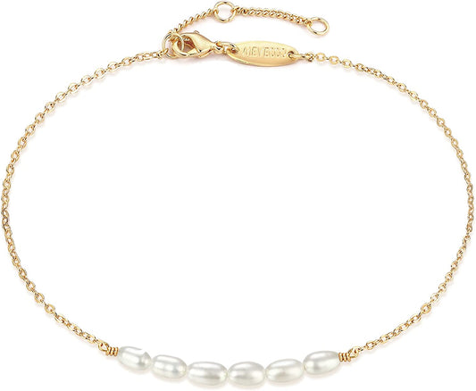 Mevecco Pearl Anklet Handmade 18K Gold Plated Dainty Boho Beach Cute Ankle Bracelet Adjustable Wafer Layered Turquoises Dangle Coins Foot Chain for Women Apparel & Accessories > Jewelry > Anklets Mevecco Pearl Gold  