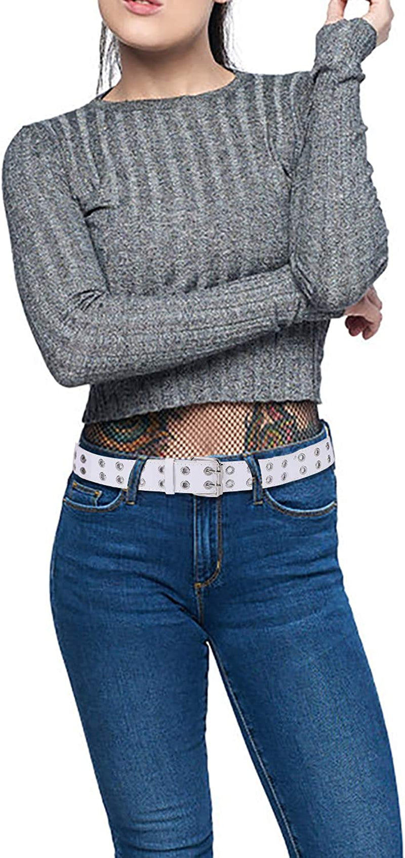 Double Grommet PU Leather Belt for Women/Men Punk Metal Jean Belt Wide 1.5 Inch Apparel & Accessories > Clothing Accessories > Belts XZQTIVE   