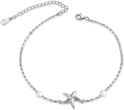 POPLYKE 925 Sterling Silver Infinity/Cross/Mermaid/Starfish/Pearl Anklet for Women Summer Jewelry Apparel & Accessories > Jewelry > Anklets POPLYKE B - Starfish Anklet  