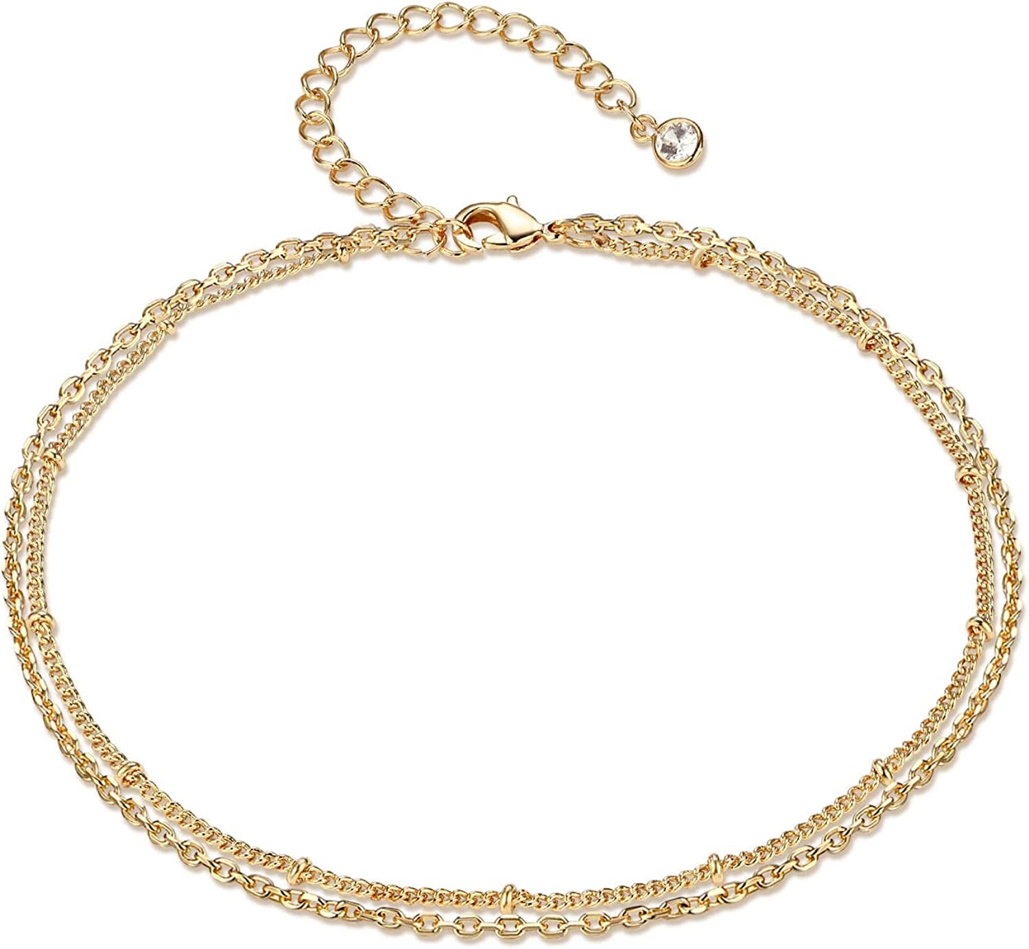 LOYATA Dainty Ankle Bracelet,14K Gold Plated Tiny Bead Anklet Dainty White Cubic Zirconia Cross Tassel Foot Chain Cute Lucky Moon Evil Eye Foot Jewelry Boho Anklets for Women Apparel & Accessories > Jewelry > Anklets LOYATA A double chain  