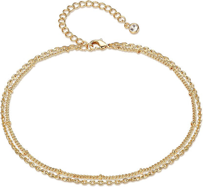 LOYATA Dainty Ankle Bracelet,14K Gold Plated Tiny Bead Anklet Dainty White Cubic Zirconia Cross Tassel Foot Chain Cute Lucky Moon Evil Eye Foot Jewelry Boho Anklets for Women Apparel & Accessories > Jewelry > Anklets LOYATA A double chain  