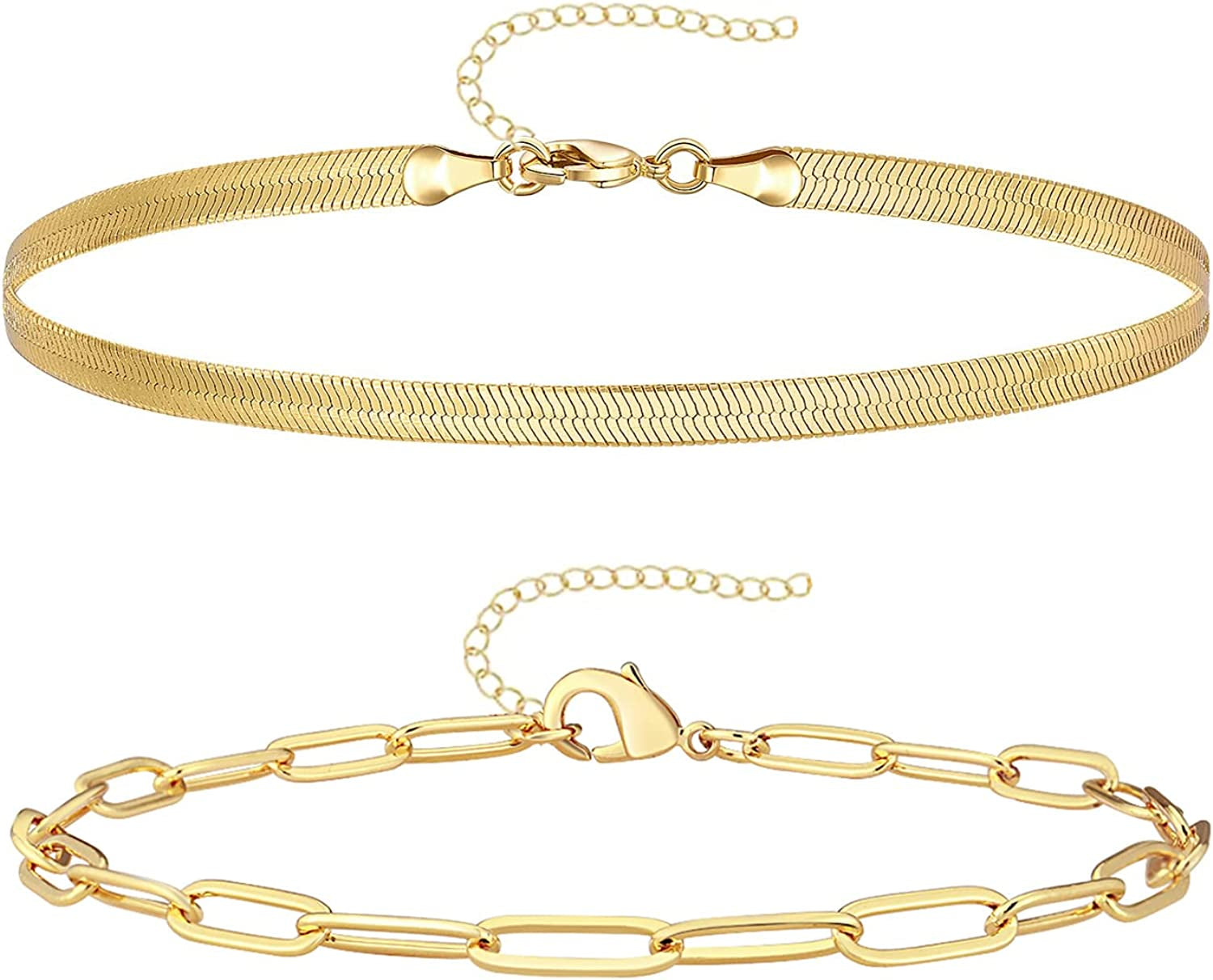 Reoxvo Dainty Gold Chain Bracelets Set for Women 14K Real Gold Plated Link Chain Bracelets for Women Trendy Gold Stackable Bracelets for Women Adjustable 7"+2" Apparel & Accessories > Jewelry > Bracelets Reoxvo Style 12  