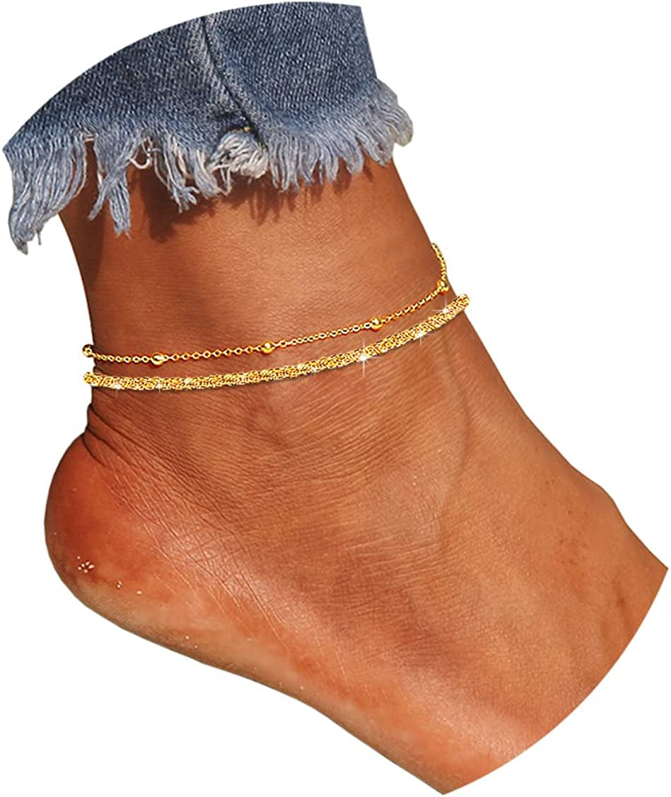 Sparkling Gold Anklet Bracelets for Women,Cute 18K Gold Plated Anklets for Women Teen Girls Large Ankles Apparel & Accessories > Jewelry > Anklets JYUEDA Two / Beads Chain  