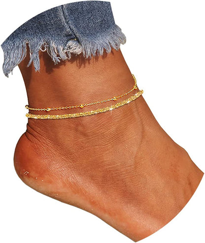 Sparkling Gold Anklet Bracelets for Women,Cute 18K Gold Plated Anklets for Women Teen Girls Large Ankles Apparel & Accessories > Jewelry > Anklets JYUEDA Two / Beads Chain  