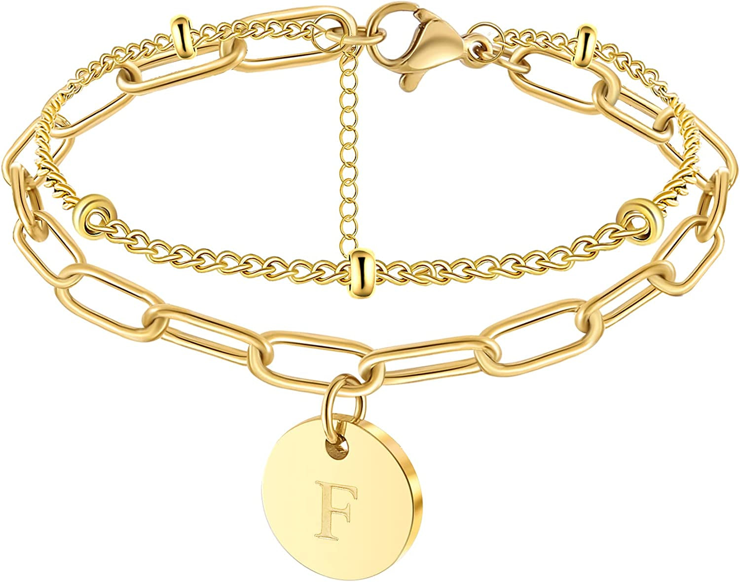 Layer Initial Bracelets for Teen Girls Women 8K Gold Beaded Charm Bracelets for Her Papercilp Link Chain Christmas Mother'S Day Birthday Jewelry Adjustable Handmade Letter A-Z Apparel & Accessories > Jewelry > Bracelets JoycuFF F  