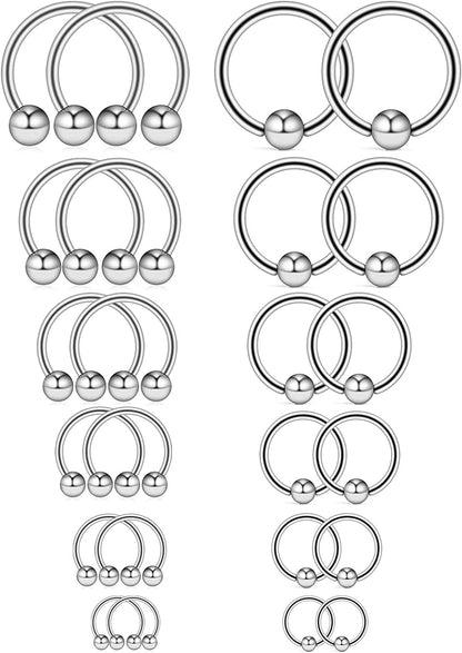 Ruifan 16-24PCS 16G Surgical Steel Horseshoe & Captive Bead Nose Hoop Septum Earring Eyebrow Tongue Lip Nipple Helix Tragus Piercing Jewelry Rings 6-16Mm Apparel & Accessories > Jewelry > Rings Ruifan 24PCS - Silver  
