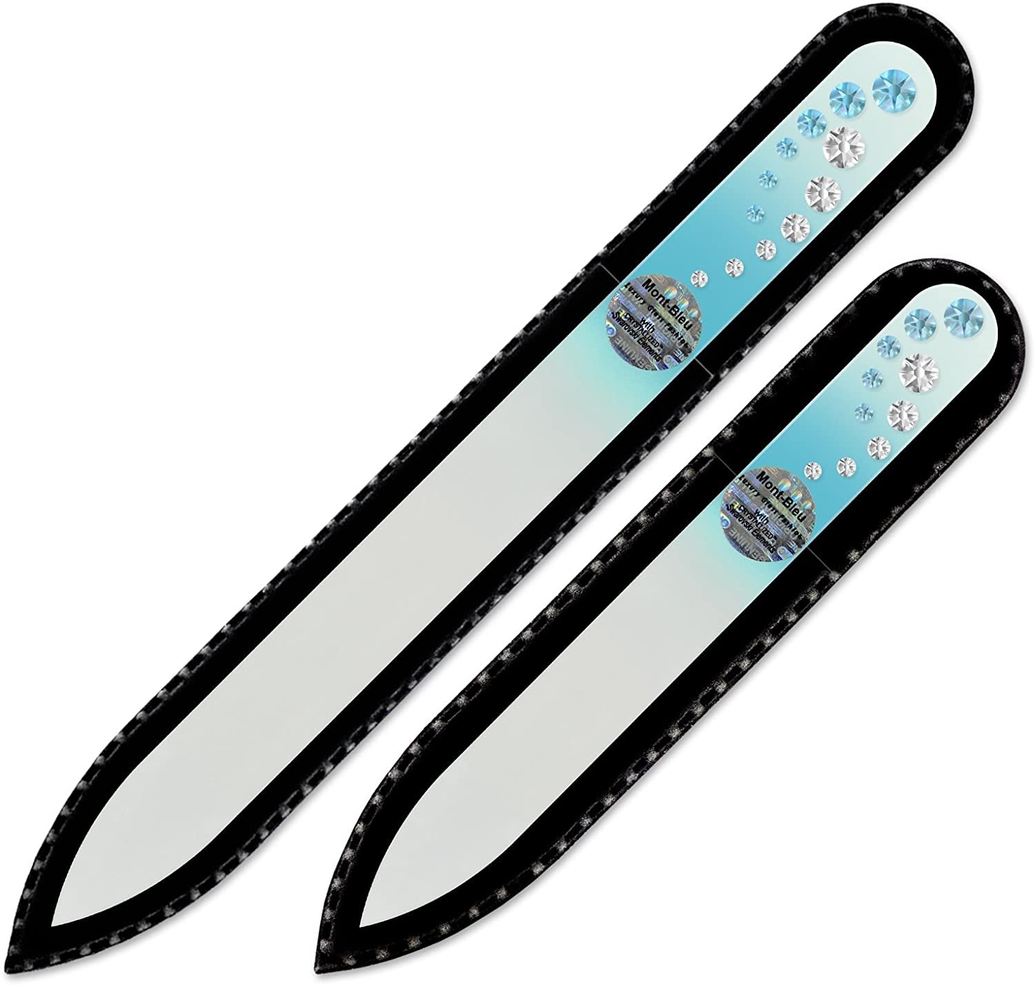 Washable Nail Files - Mont Bleu Set of 2 Glass Nail Files Hand Decorated with Crystals - Handmade Gifts for Women - Expertly Shape Nails & Enjoy a Smooth Finish - Nail Filing Tools Health & Beauty > Personal Care > Cosmetics > Cosmetic Tools > Nail Tools Mont Bleu Aquamarine - Crystal  
