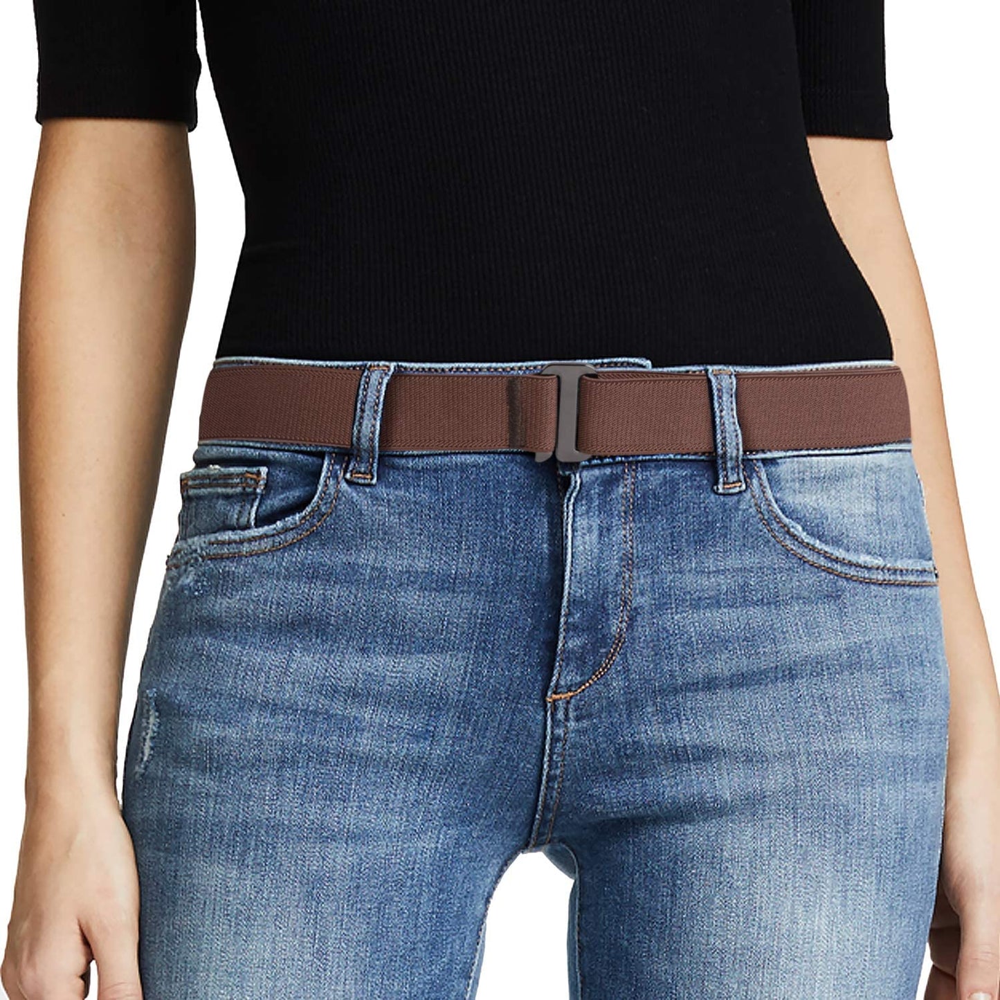JASGOOD Women No Show Stretch Belt Invisible Elastic Web Strap Belt with Flat Buckle for Jeans Pants Dresses Apparel & Accessories > Clothing Accessories > Belts KYLIE MAX H-coffee-guncolor Buckle Suit for US Size 16+ 