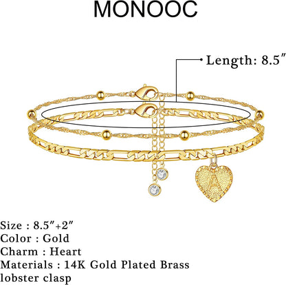 Heart Ankle Bracelets for Women, 14K Gold Filled Layered Figaro Chain Anklet Initial Heart Pendant Anklet Gold Anklets for Women Beach Summer Anklet Foot Jewelry with Extension Apparel & Accessories > Jewelry > Anklets MONOOC   