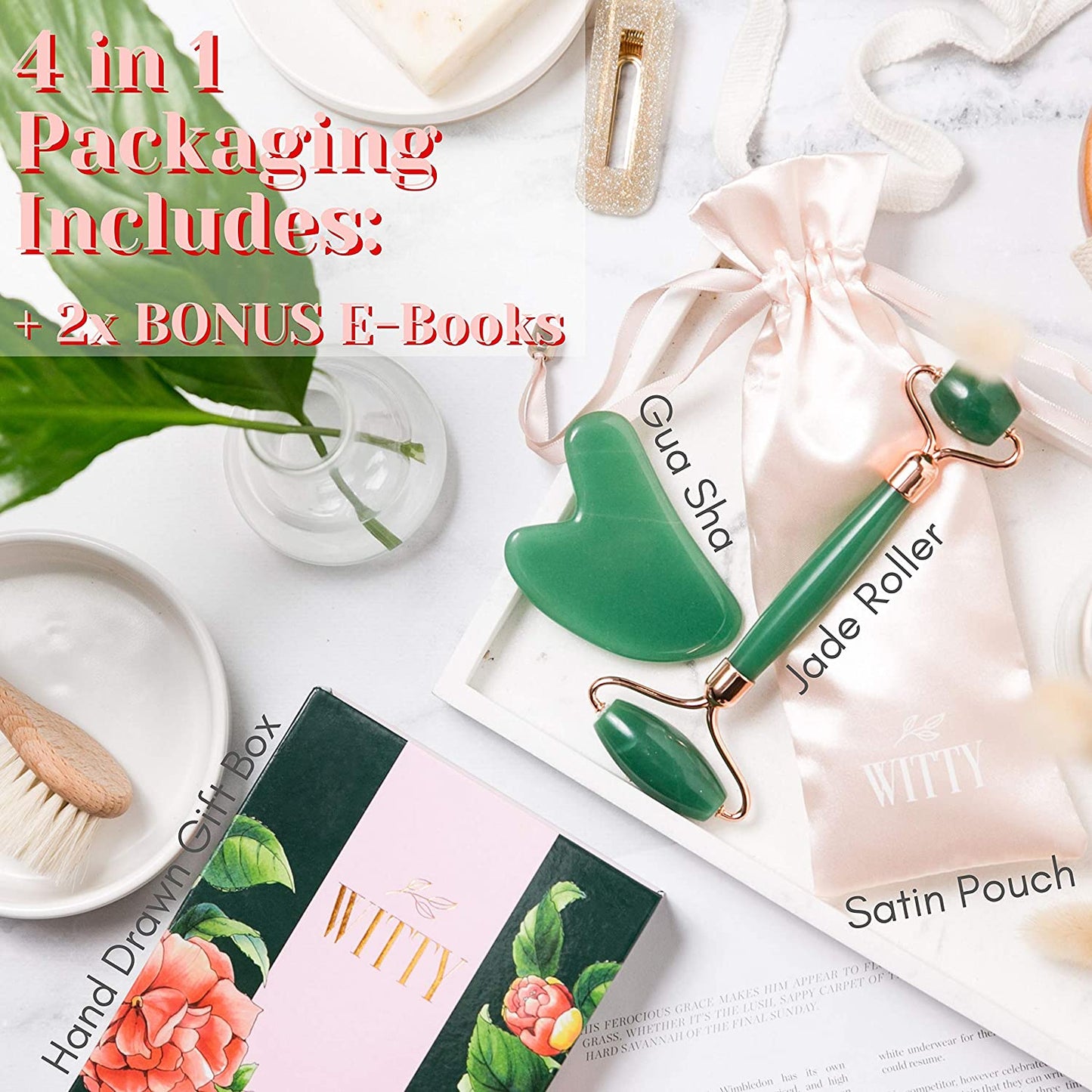 WITTY Jade Face Roller and Gua Sha Set in Hand-Drawn Giftbox - Gua Sha Stone, Face Massager Roller, Beauty Massage Face Scraper Tools - Guasha Tool for Face Roller Skin Care, Eyes, Neck - Extra Pouch Health & Beauty > Personal Care > Cosmetics > Cosmetic Tools > Skin Care Tools WITTY   