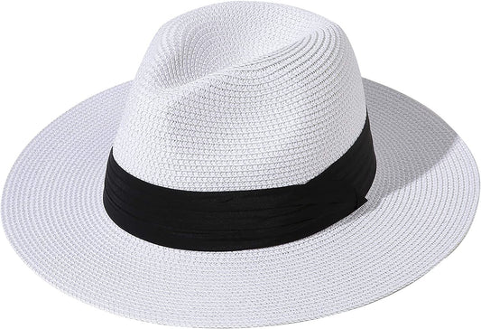 Lanzom Women Wide Brim Straw Panama Roll up Hat Belt Buckle Fedora Beach Sun Hat UPF50+ Apparel & Accessories > Clothing Accessories > Hats Lanzom 02-fold Belt White One Size 