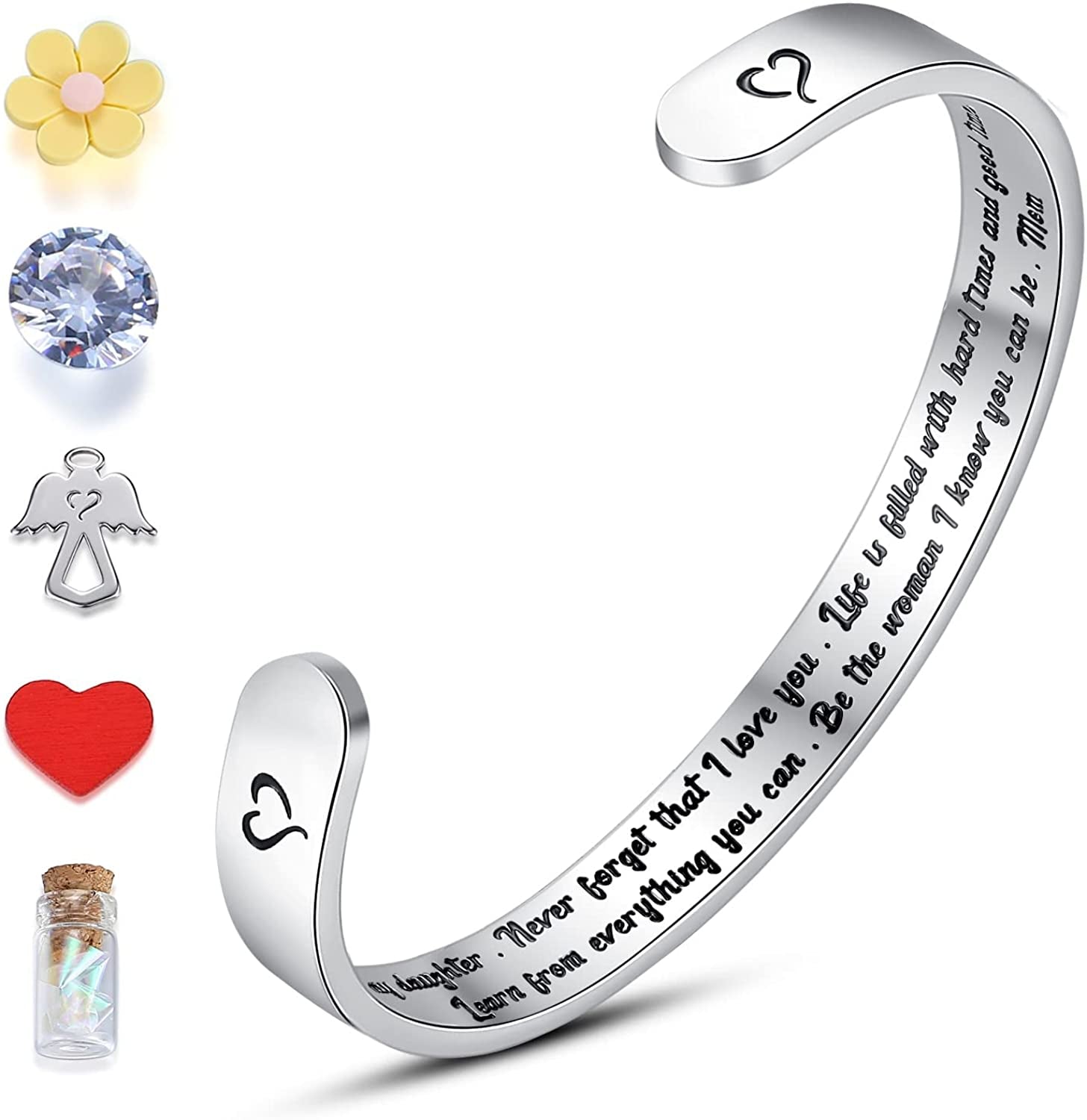 THEMEROL Meaningful Bracelet for Girls Women with Gift Box Birthday Gift for Daughter Sister Mother Best Friend Personalized Mantra Quote Jewelry Gift for Her Apparel & Accessories > Jewelry > Bracelets THEMEROL "Daughter Gift-To my daughter, never forget that I love you...Be the woman I know you can be. Mom  