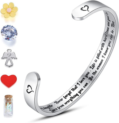 THEMEROL Meaningful Bracelet for Girls Women with Gift Box Birthday Gift for Daughter Sister Mother Best Friend Personalized Mantra Quote Jewelry Gift for Her Apparel & Accessories > Jewelry > Bracelets THEMEROL "Daughter Gift-To my daughter, never forget that I love you...Be the woman I know you can be. Mom  