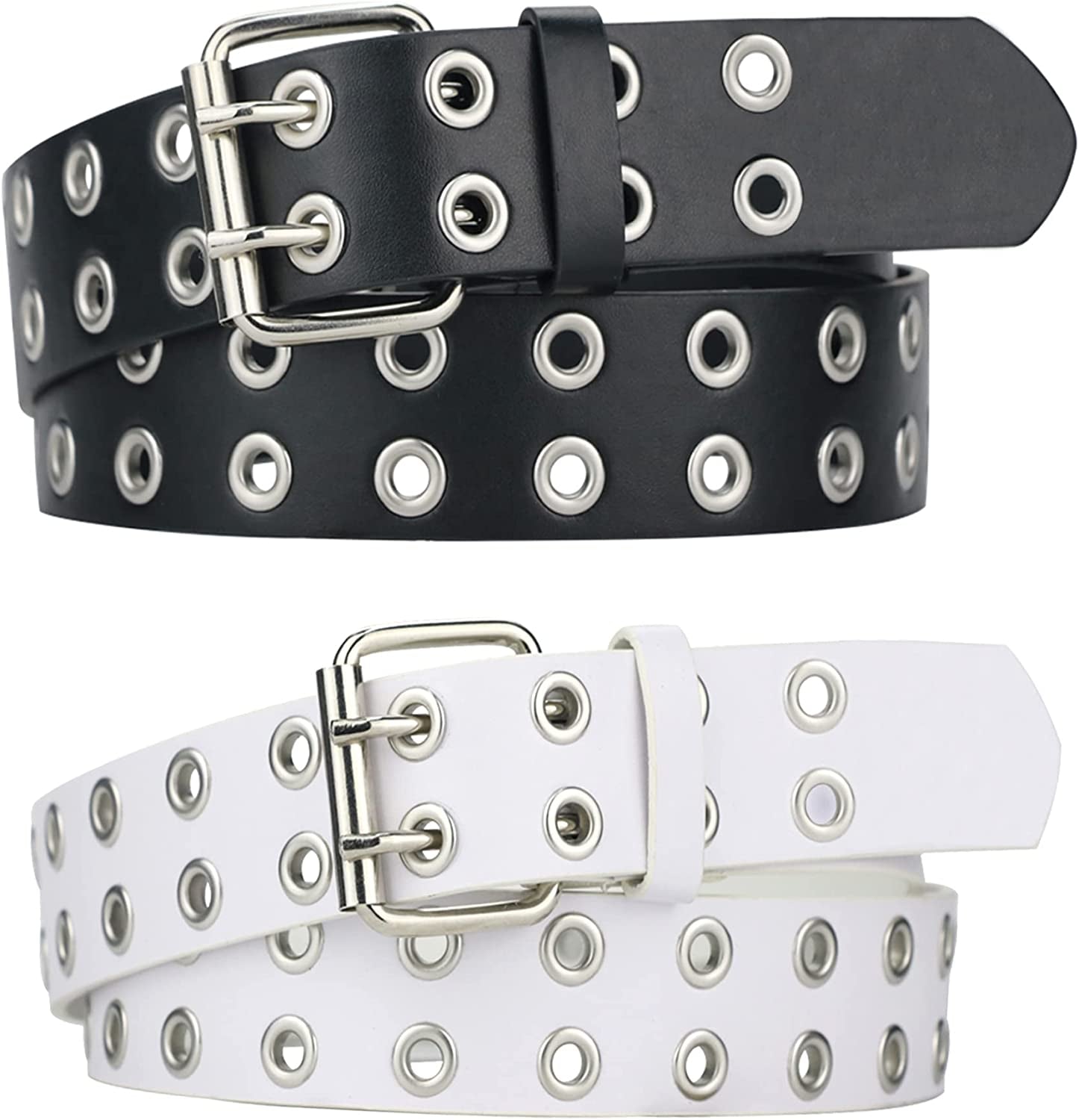 Grommet Leather Belts for Women, Black Belt Women Men with Double Studded Holes Apparel & Accessories > Clothing Accessories > Belts macoking Black+white-double Holes Fit for waist up to 33" 