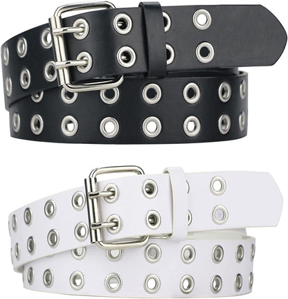 Grommet Leather Belts for Women, Black Belt Women Men with Double Studded Holes Apparel & Accessories > Clothing Accessories > Belts macoking Black+white-double Holes Fit for waist up to 33" 