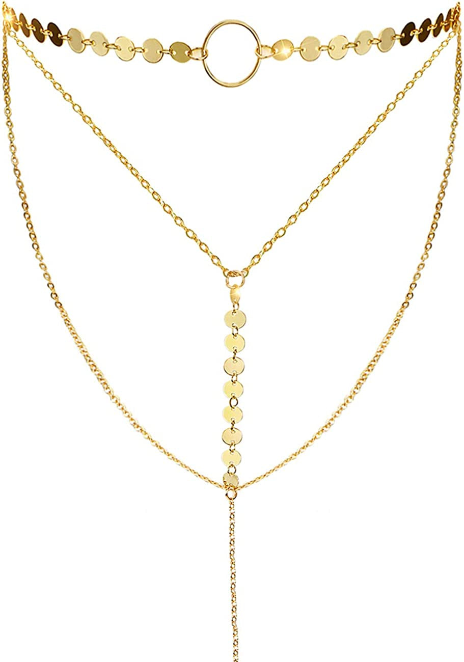 Suyi Stylish Layered Sequins Choker Necklace with Thin Long Chain Pendant for Women Lady Girl Apparel & Accessories > Jewelry > Necklaces Suyi A-Gold  