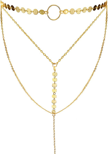 Suyi Stylish Layered Sequins Choker Necklace with Thin Long Chain Pendant for Women Lady Girl Apparel & Accessories > Jewelry > Necklaces Suyi A-Gold  
