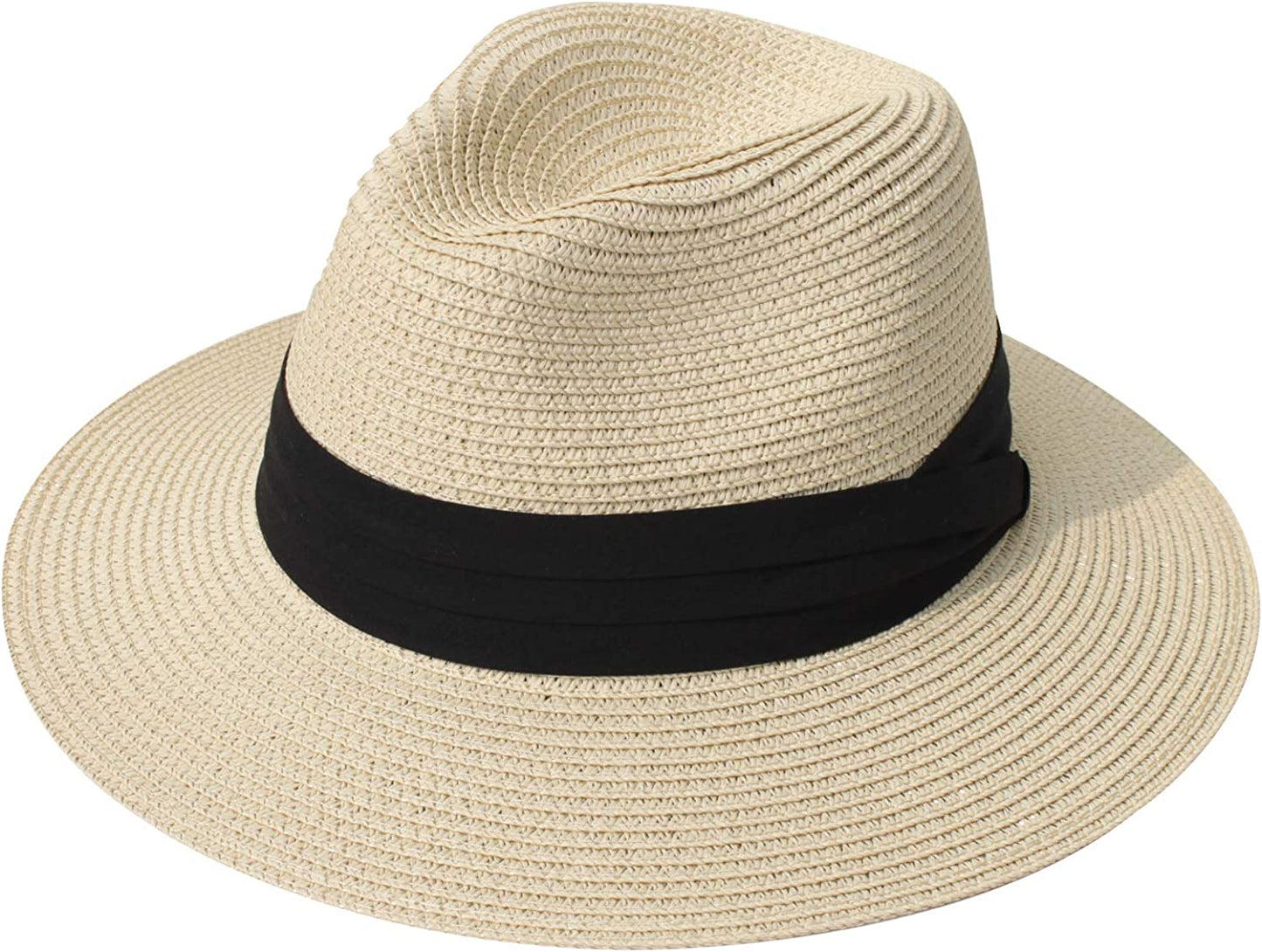 DRESHOW Women Straw Panama Hat Fedora Beach Sun Hat Wide Brim Straw Roll up Hat UPF 50+ Apparel & Accessories > Clothing Accessories > Hats DRESHOW Fedora Beige  
