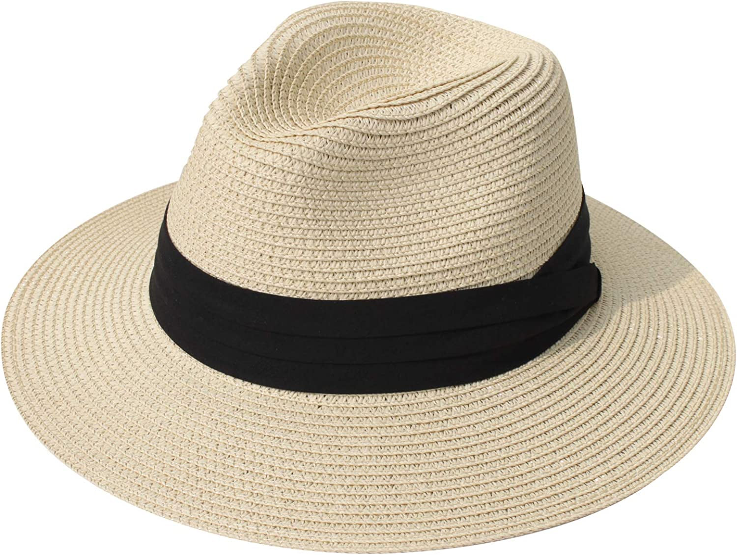 DRESHOW Women Straw Panama Hat Fedora Beach Sun Hat Wide Brim Straw Roll up Hat UPF 50+ Apparel & Accessories > Clothing Accessories > Hats DRESHOW Fedora Beige  