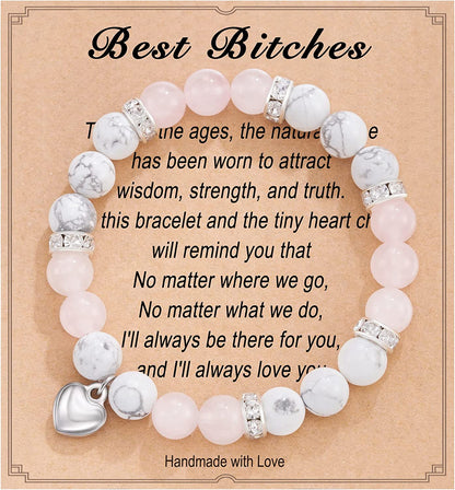 HGDEER Natural Stone Friendship Bracelet, Meaningful Gifts for Women Girls with Gift Message Card Apparel & Accessories > Jewelry > Bracelets HGDEER Bitches - Pink&White  