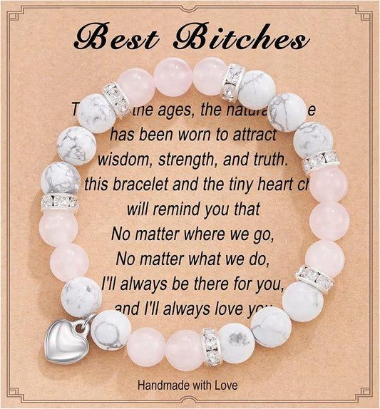 HGDEER Natural Stone Friendship Bracelet, Meaningful Gifts for Women Girls with Gift Message Card Apparel & Accessories > Jewelry > Bracelets HGDEER Bitches - Pink&White  