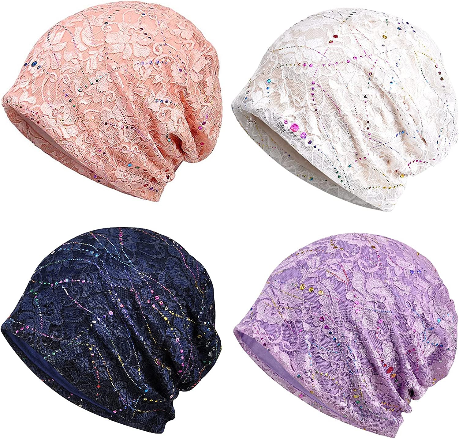 Glamorstar Floral Lace Beanie Hat Chemo Cap Stretch Slouchy Turban Headwear Apparel & Accessories > Clothing Accessories > Headwear Glamorstar 4 Packs-blue,pink,purple,white One Size 