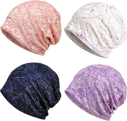 Glamorstar Floral Lace Beanie Hat Chemo Cap Stretch Slouchy Turban Headwear Apparel & Accessories > Clothing Accessories > Headwear Glamorstar 4 Packs-blue,pink,purple,white One Size 