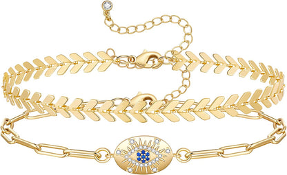 Kissyan Gold Layered Ankle Bracelets for Women, Dainty 14K Gold Plated Layering Anklets Set Adjustable Fashion Cuban Link Snake Tennis Chain Ankles Summer Beach Foot Jewelry Gifts for Women Girls Apparel & Accessories > Jewelry > Anklets KissYan W-Oval Evil Eye  