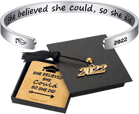 Inspirational Graduation Gifts Cuff Bracelet - Engraved Inspirational Bracelet Cuff with 2022 Graduation Grad Cap She Believed She Could so She Did Bracelet Graduation Friendship Gifts for Her 2022 Apparel & Accessories > Jewelry > Bracelets Turandoss A-She believed she could , so she did  