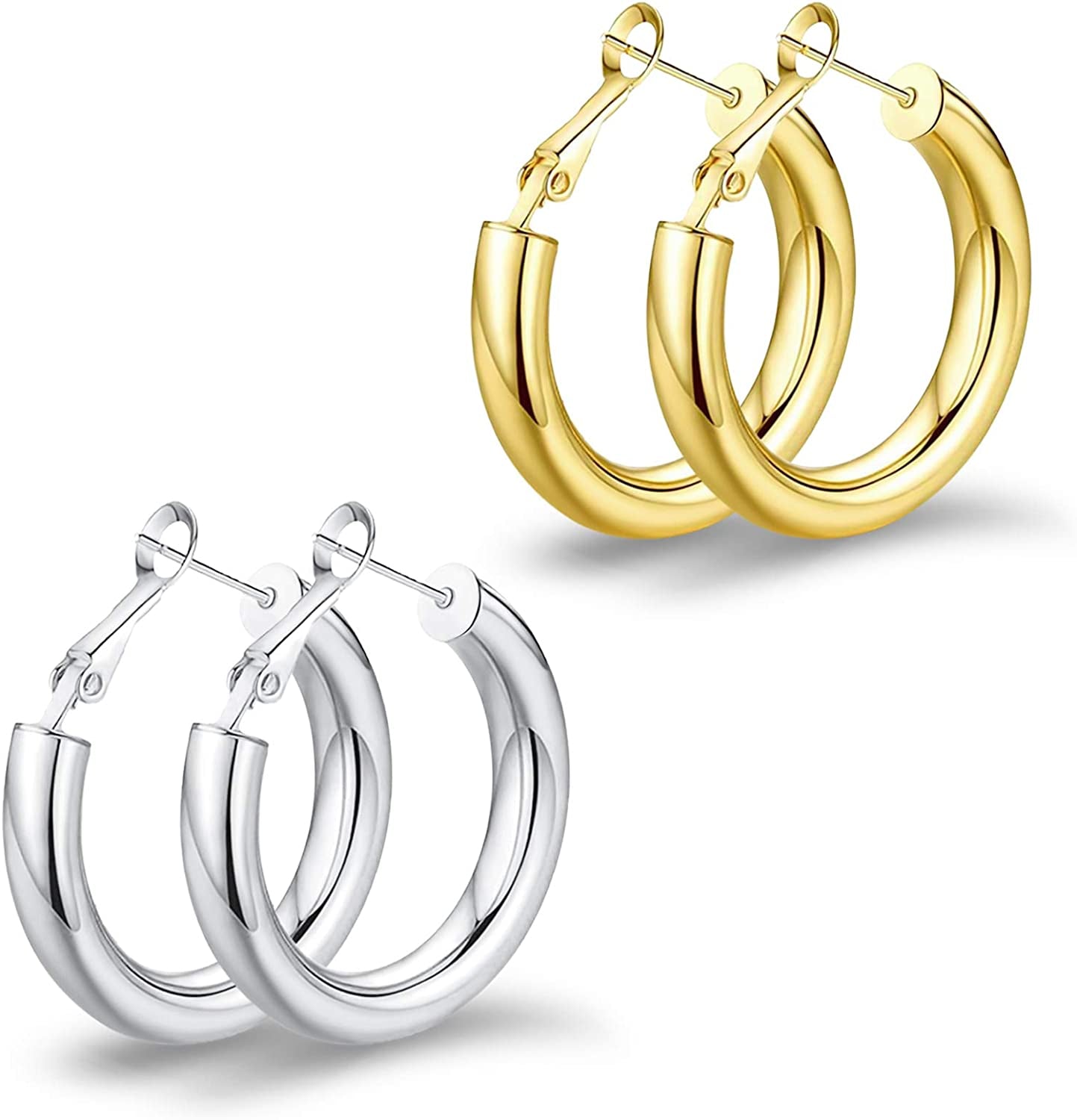 Thick Gold Hoop Earrings Lightweight Howllow Tube Hoops Chunky Gold for Women Hypoallergenic Big Earring 25Mm 30Mm 40Mm 50Mm Apparel & Accessories > Jewelry > Earrings BMMYE Gold+Silver-30mm  