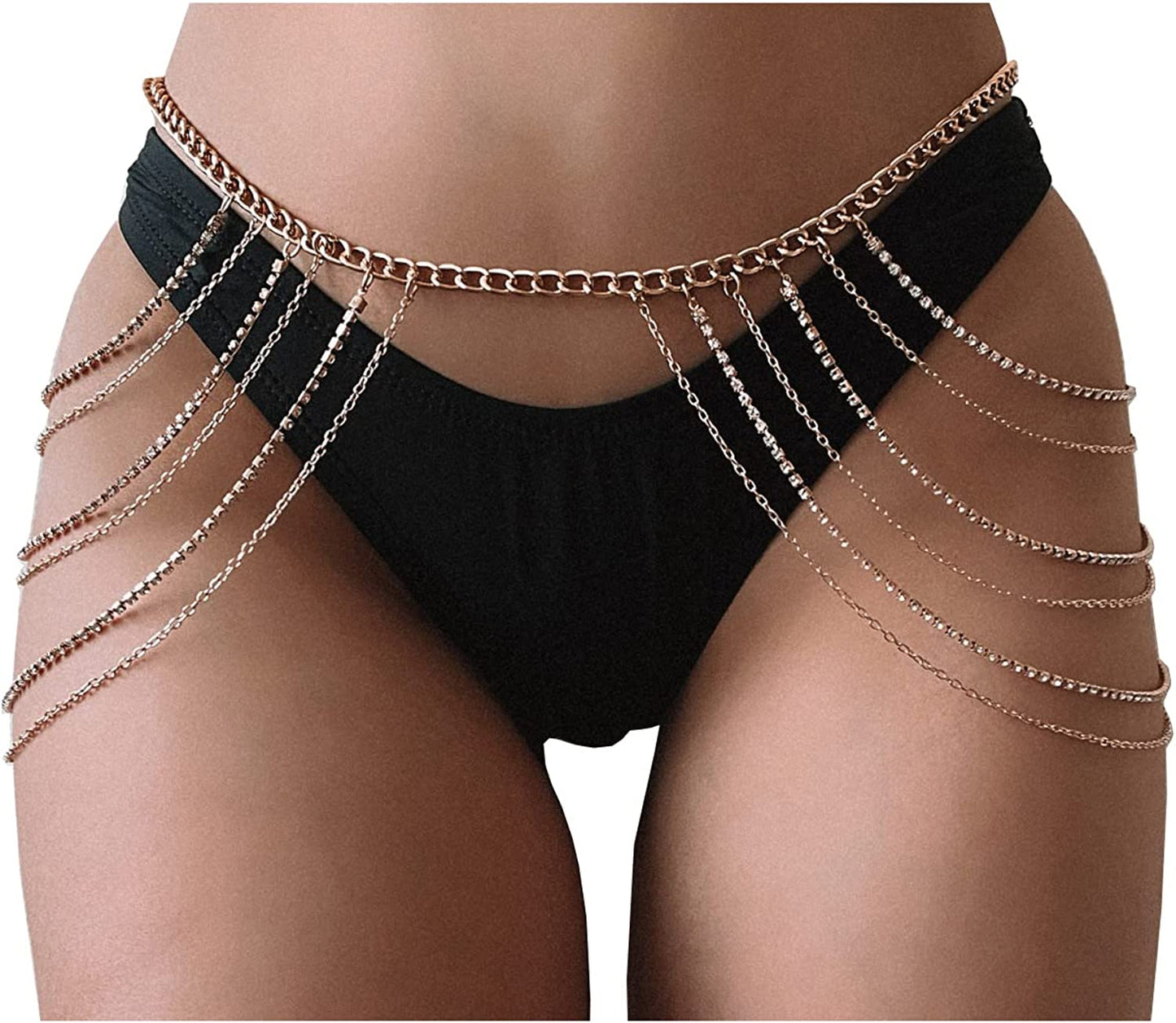 Body Chains Belts for Women Girls Sexy Waist Chain Rhinestone Body Jewelry Rave Outfits Festival Accessories Apparel & Accessories > Jewelry > Body Jewelry FNQUFUJ Gold02  