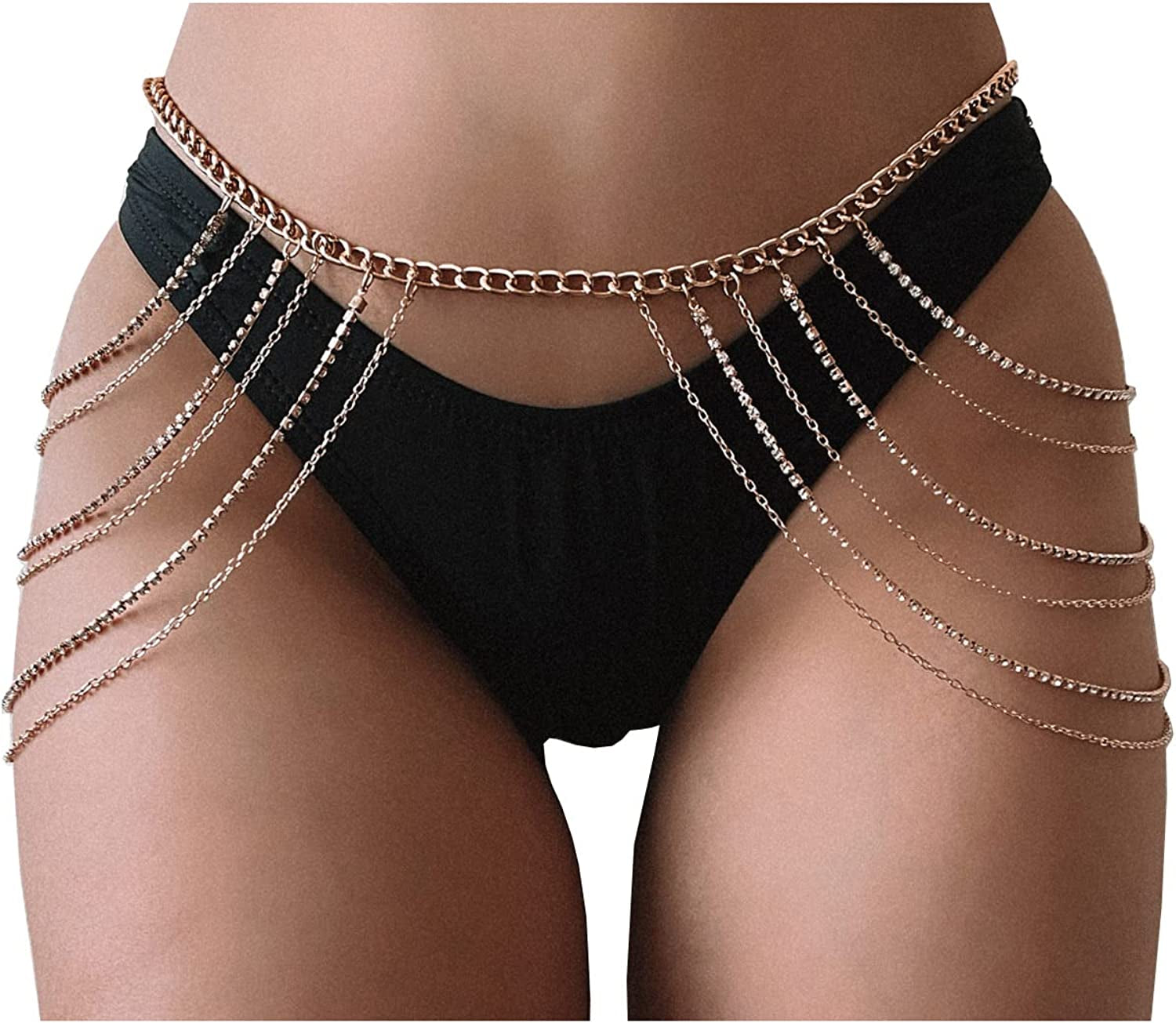 Body Chains Belts for Women Girls Sexy Waist Chain Rhinestone Body Jewelry Rave Outfits Festival Accessories Apparel & Accessories > Jewelry > Body Jewelry FNQUFUJ Gold02  