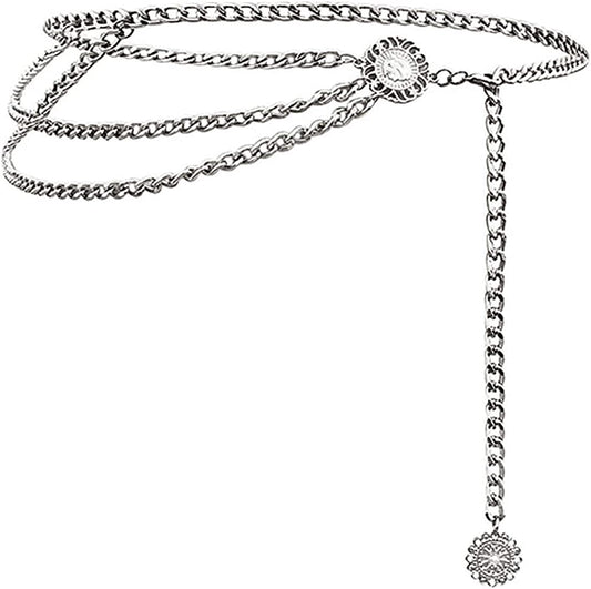 Glamorstar Multilayer Metal Waist Chain Dress Belts Metal Belt for Women Apparel & Accessories > Clothing Accessories > Belts Glamorstar Silver Medium(110cm/43.3in) 