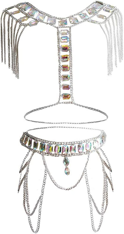 Minesign Crystal Body Chain Large Women Waist Vest Harness Shoulder Jewelry Kit for Maternity Photo Shoot Party Bikini Apparel & Accessories > Jewelry > Body Jewelry MineSign Silver Tassel Set  