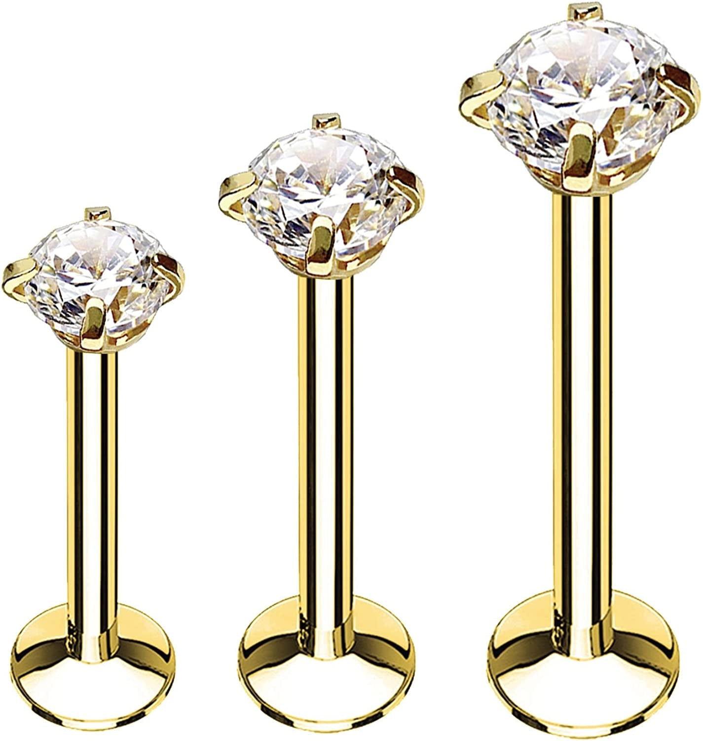 Bodyj4You 3PC Labret Tragus Stud Earrings | 16G Surgical Stainless Steel CZ Crystal | Monroe Helix Cartialge Conch Medusa Lip | Body Piercing Jewelry Set Apparel & Accessories > Jewelry > Body Jewelry BodyJ4You Goldtone, Clear CZ  