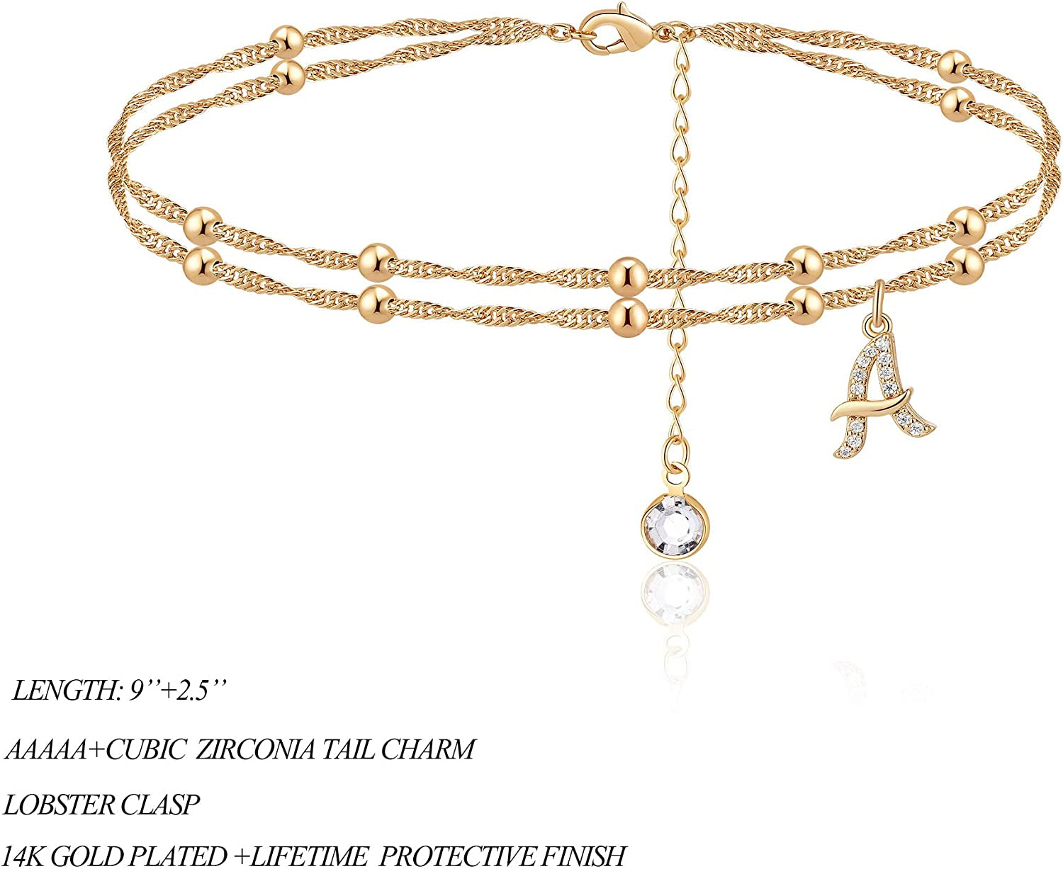 MONOOC Initial Ankle Bracelets for Women，14K Real Gold Plated Layered Beaded Chain Anklet Gold Anklets for Women CZ Initial Anklet Beach Summer Anklet Foot Jewelry Teen Girl Gifts Apparel & Accessories > Jewelry > Anklets MONOOC   