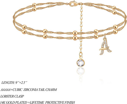MONOOC Initial Ankle Bracelets for Women，14K Real Gold Plated Layered Beaded Chain Anklet Gold Anklets for Women CZ Initial Anklet Beach Summer Anklet Foot Jewelry Teen Girl Gifts Apparel & Accessories > Jewelry > Anklets MONOOC   