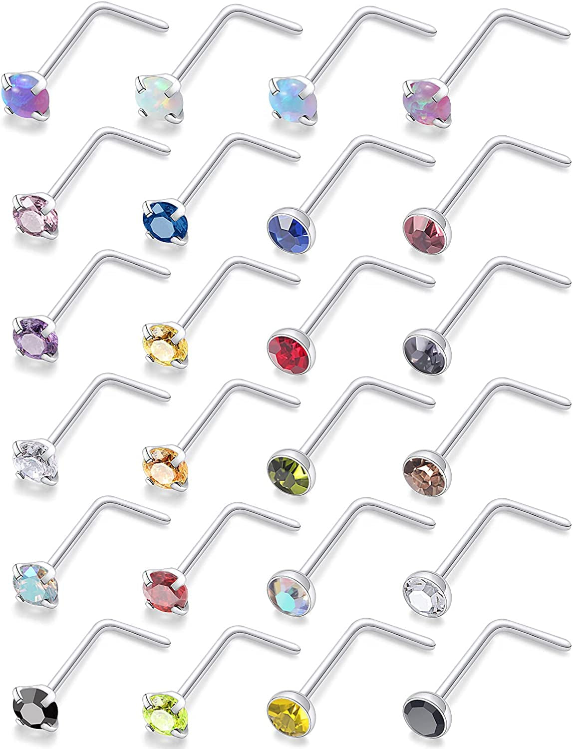 Lsnevsie 18G 20G 22G Stainless Steel Opal Nose Rings Studs for Women Men Nose Piercing Jewelry Top Diamond 1.5Mm 2Mm 2.5Mm 3Mm Apparel & Accessories > Jewelry > Body Jewelry Generic 18G L Shaped Silver_Top 1.5mm  