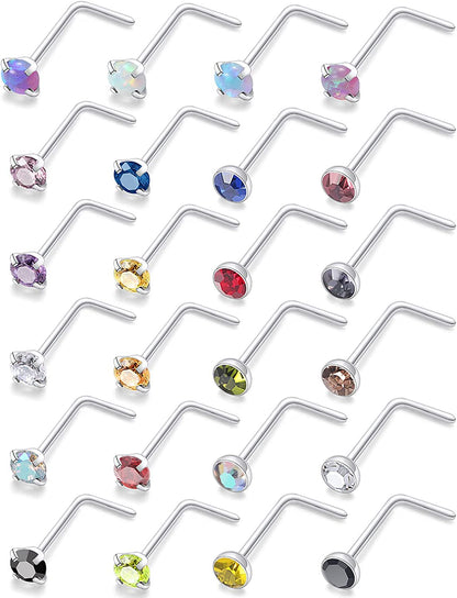 Lsnevsie 18G 20G 22G Stainless Steel Opal Nose Rings Studs for Women Men Nose Piercing Jewelry Top Diamond 1.5Mm 2Mm 2.5Mm 3Mm Apparel & Accessories > Jewelry > Body Jewelry Generic 18G L Shaped Silver_Top 1.5mm  