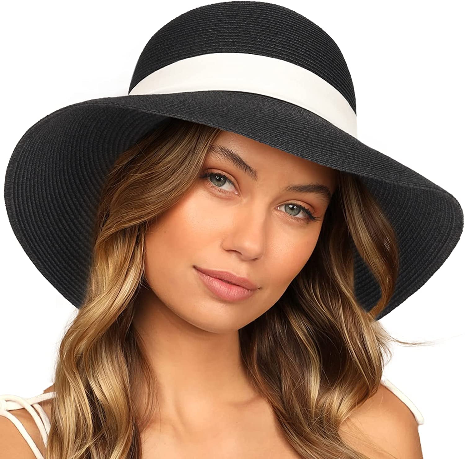 FURTALK Sun Hats for Women Wide Brim Straw Hat Beach Hat UPF UV Foldable Packable Cap for Travel Apparel & Accessories > Clothing Accessories > Hats KYLIE MAX Black+beige Ribbon Medium 