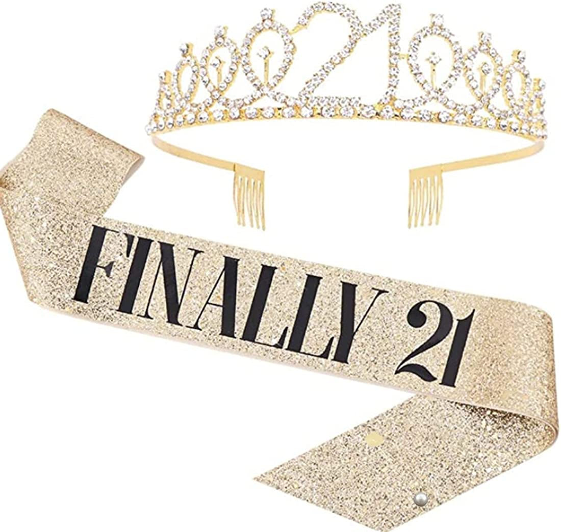 LATFZ Finally 21 Birthday Tiara and Sash - I'M 21 Bitches Satin Sash Crystal Tiara 21St Birthday Girl Crown 4 Colors Apparel & Accessories > Clothing Accessories > Sashes LATFZ Finally 21 Golden  