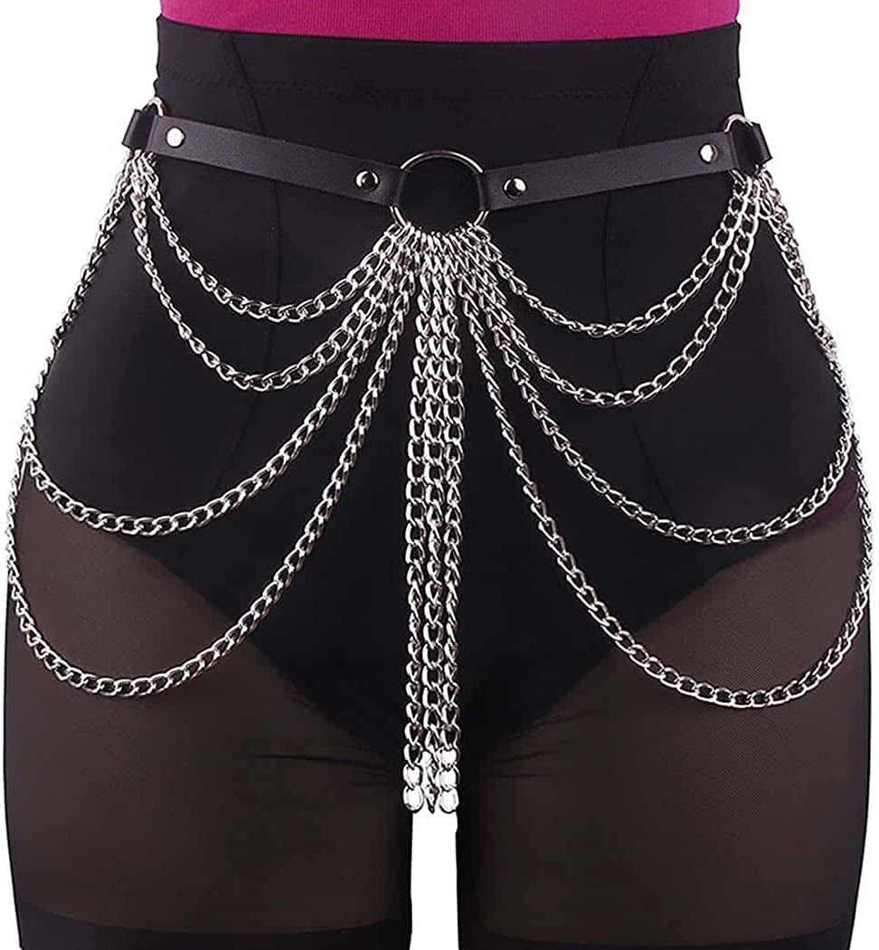 Relbcy Punk Layered Belly Waist Chain Harness Black Leather Body Chains Rave Body Jewelry Nightclub Accessories for Women and Girls Apparel & Accessories > Jewelry > Body Jewelry RELBCY   