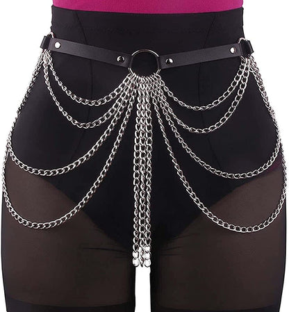 Relbcy Punk Layered Belly Waist Chain Harness Black Leather Body Chains Rave Body Jewelry Nightclub Accessories for Women and Girls Apparel & Accessories > Jewelry > Body Jewelry RELBCY   