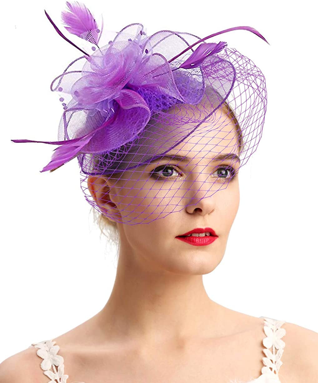 Fascinators Hats 20S 50S Hat Pillbox Hat Cocktail Tea Party Headwear with Veil for Girls and Women Apparel & Accessories > Clothing Accessories > Headwear Cizoe D-purple  