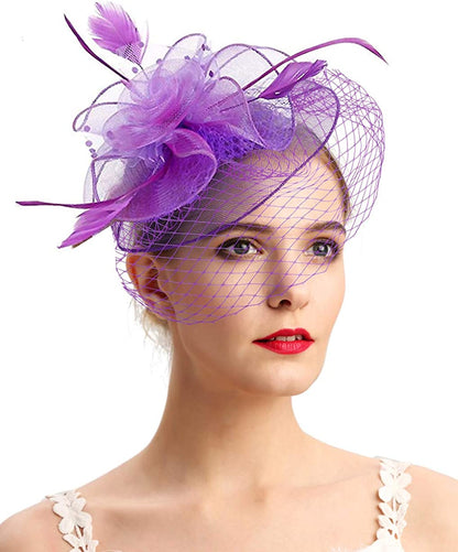 Fascinators Hats 20S 50S Hat Pillbox Hat Cocktail Tea Party Headwear with Veil for Girls and Women Apparel & Accessories > Clothing Accessories > Headwear Cizoe D-purple  