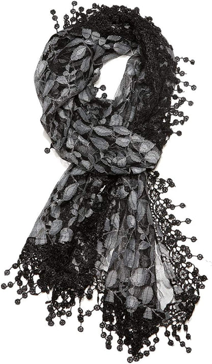 Women'S Lightweight Feminine Lace Teardrop Fringe Lace Scarf Vintage Scarf Mesh Crochet Tassel Cotton Scarf for Women Apparel & Accessories > Clothing Accessories > Scarves & Shawls Tan's Black & Gray 21  
